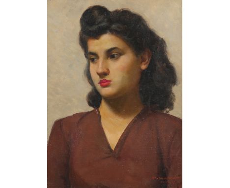 M. Naumenko (20th Century) Portrait of a young lady, bust length, in a maroon blouse Signed, dated and inscribed Roma 47 Oil 