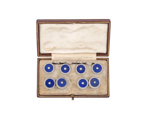 A Lapis Lazuli and Diamond Cufflink and Button Suitecomprising of four buttons and a pair of chain linked cufflinks, each rou