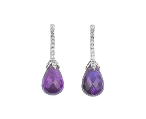 A Pair of 18 Carat White Gold Amethyst and Diamond Drop Earringsa row of round brilliant cut diamonds suspends a briolette cu