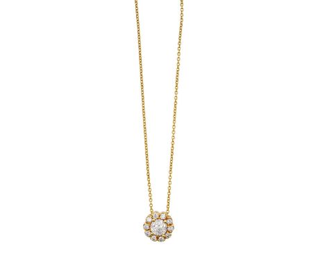 A Diamond Cluster Pendant on Chainthe Crown of Light diamond within a border of round brilliant cut diamonds, in yellow claw 