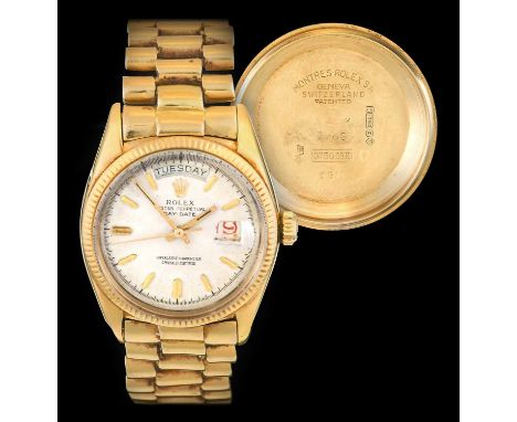 Rolex: A Rare 18 Carat Gold Automatic Day/Date Centre Seconds Wristwatch, signed Rolex, Oyster Perpetual, Superlative Chronom