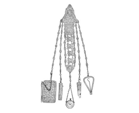 A Victorian Silver Chatelaine,  The Clip by Lawrence Emanuel, Birmingham, 1888, The Implements by Differing Makers, 1888 or C