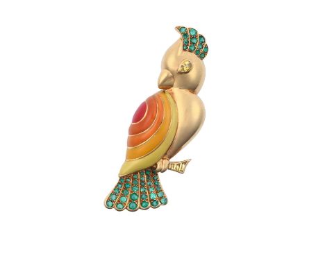 An Emerald, Sapphire and Enamel Brooch, by Boucheronrealistically modelled as a cockatoo perched on a branch, the crest and t