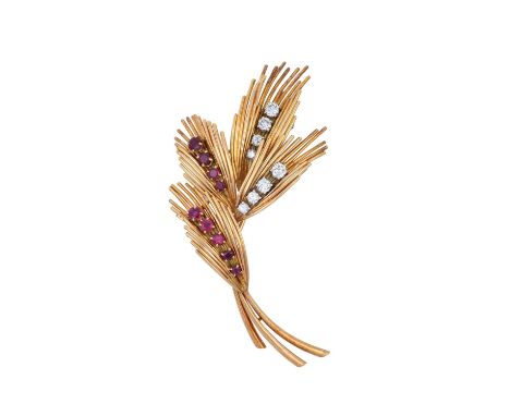 A Ruby and Diamond Brooch, by Van Cleef &amp; Arpelsof spray form, the sprays comprised of yellow plain polished rods, two de