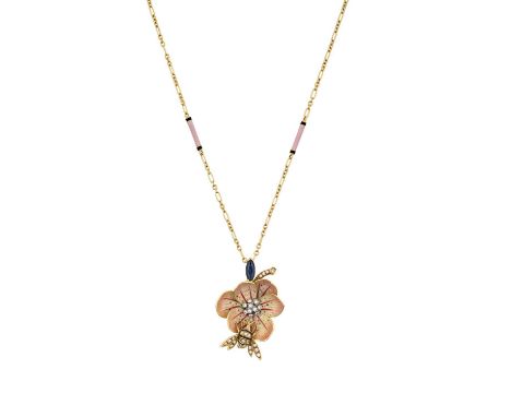 A Multi-Gem Set Pendant on Chain realistically modelled as a bee upon a flower, the central cluster of round brilliant cut di