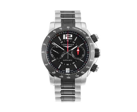 Longines: A Stainless Steel and Black Ceramic Automatic Calendar Chronograph Wristwatch, signed Longines, model: Admiral, ref