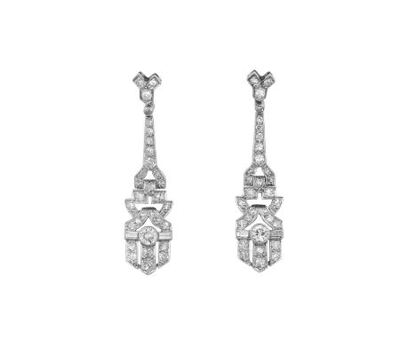 A Pair of Art Deco Diamond Drop Earringsa row of graduated eight-cut diamonds, surmounted by a v-shaped trio and suspending a