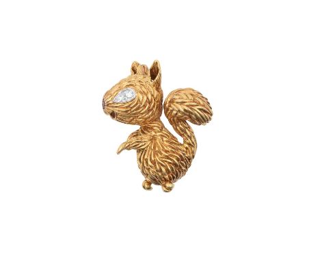 An 18 Carat Gold Ruby and Diamond Brooch, by Kutchinskyin the form of a squirrel, the eye comprised of two round brilliant cu