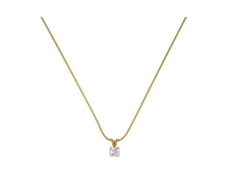 A Diamond Solitaire Pendant on Chainthe old cut diamond in a yellow four claw setting, to an openwork v-shaped bale, on a sna
