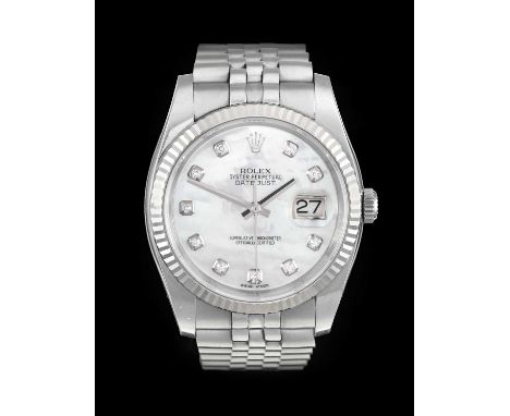 Rolex: A Stainless Steel and White Gold Automatic Calendar Centre Seconds Wristwatch with Mother of Pearl Diamond Set Dial Ho