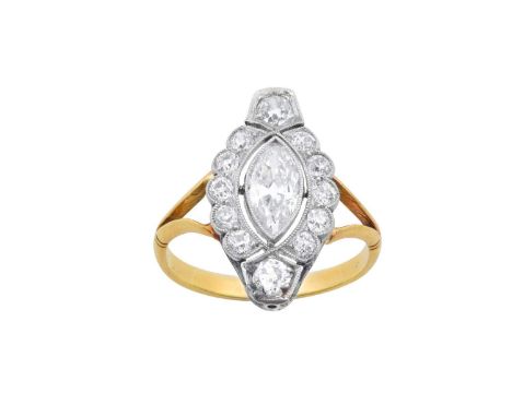 A Diamond Cluster Ringa lozenge shaped cluster comprising of an old marquise cut diamond within a border of old cut diamonds,