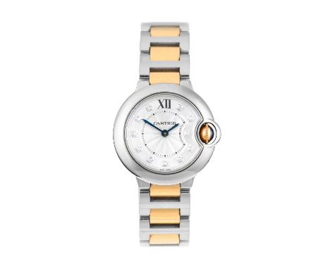 Cartier: A Lady's Steel and Rose Gold Wristwatch with Diamond Set Dial Hour Markers, signed Cartier, model: Ballon Bleu, ref: