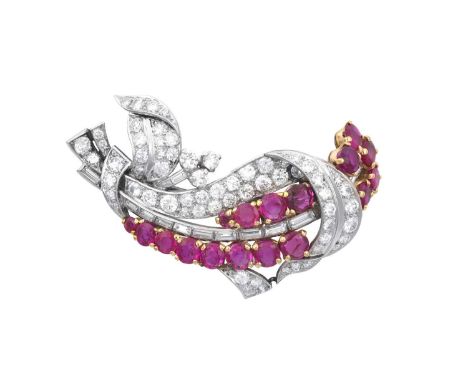 A Ruby and Diamond Broochof ribbon and spray form, set throughout with round brilliant cut, baguette cut and eight-cut diamon