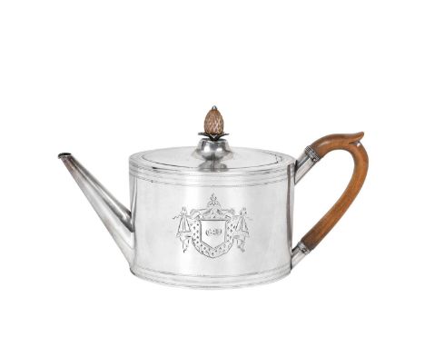 A George III Silver Teapot,  by Duncan Urquhart and Naphtali Hart, London, 1792 oval and engraved on each side with a drapery