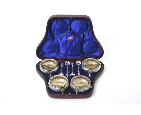 A Cased Set of Victorian Silver Salt-Cellars and Condiment-Spoons,  by Richard Martin and Ebenezer Hall, The Salt-Cellars Lon