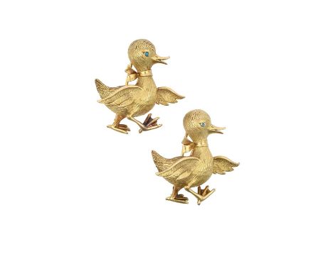 A Pair of Duckling Brooches, by Boucheronboth in a walking stance, with yellow textured feathers, a plain polished ribbon col