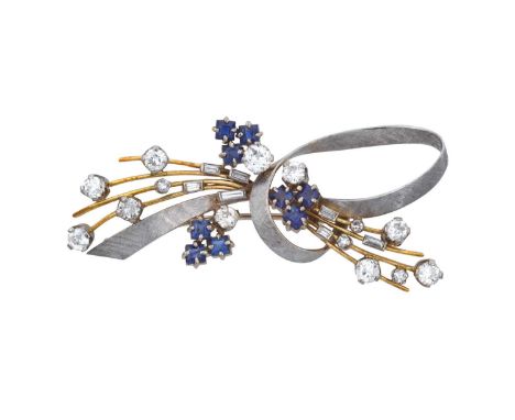 A Bi-Colour Sapphire and Diamond Broochof spray and ribbon form, comprised of textured white loops, and polished yellow bars,