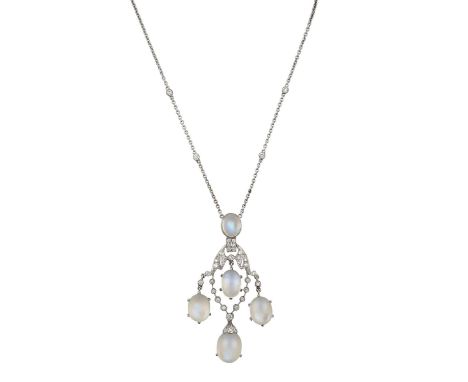 A Moonstone and Diamond Necklace the oval round brilliant cut diamond set frame with pierced decoration suspends an oval cabo
