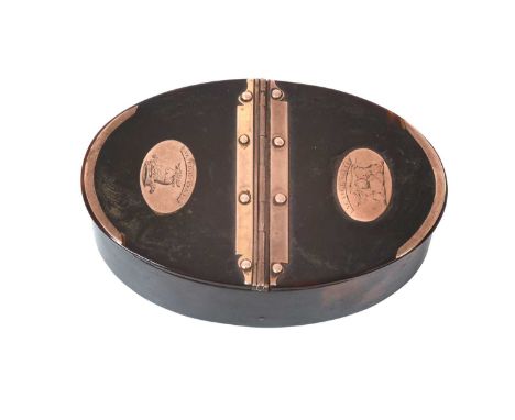 A George III Gold-Mounted Tortoiseshell Double Snuff-Box,  Apparently Unmarked, Circa 1800 oval and with two hinged covers, w