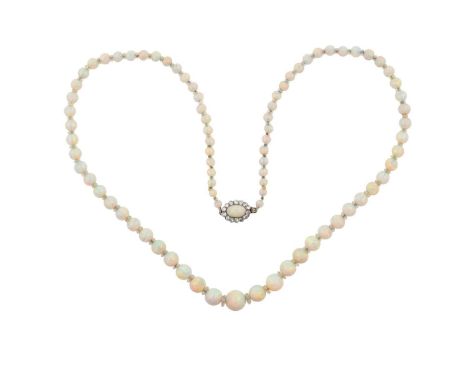 An Opal and Rock Crystal Necklace, with An Opal and Diamond Cluster Claspthe graduated opal beads spaced by faceted rock crys