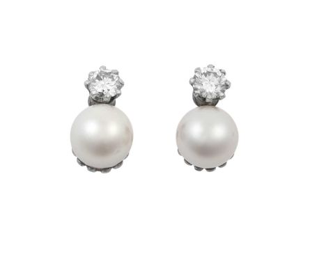 A Pair of Diamond and Cultured Pearl Earringsthe cultured pearl surmounted by a round brilliant cut diamond in a white claw s