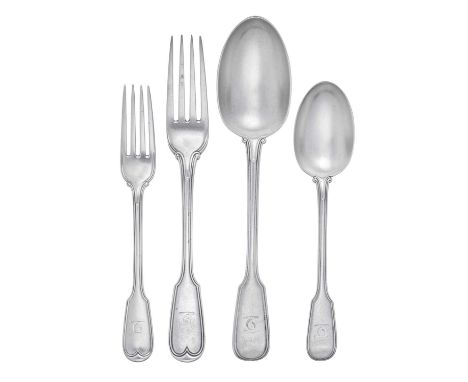 A Victorian Silver Table-Service,  by Francis Higgins, London, 1885 Military Thread pattern, engraved with a crest, comprisin