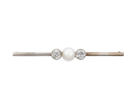A Cultured Pearl and Diamond Bar Broochthe pearl flanked by old cut diamonds in white millegrain settings, to a plain polishe