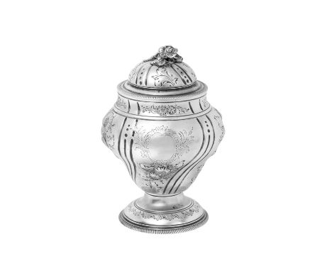 A George III Silver Tea-Caddy,  by Samuel Taylor, London, 1761 inverted pear-shaped and on spreading foot, the sides chased w