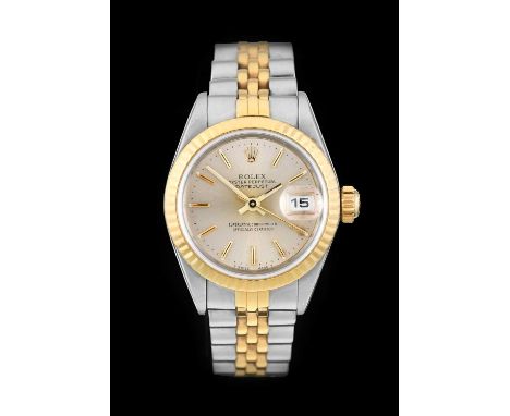 Rolex: A Lady's Steel and Gold Automatic Calendar Centre Seconds Wristwatch, signed Rolex, Oyster Perpetual, Superlative Chro