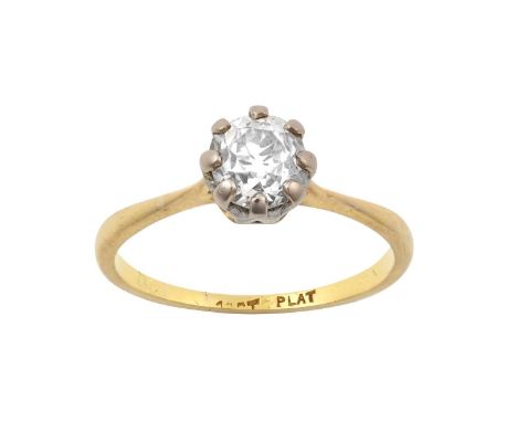 A Diamond Solitaire Ringthe old cut diamond in a white claw setting, to a yellow tapered shoulder plain polished shank, estim