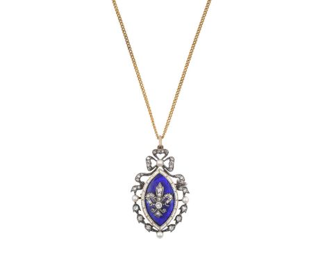 A Late Victorian Enamel, Diamond and Pearl Brooch/Pendant on Chainthe navette shaped plaque enamelled in blue with a white bo