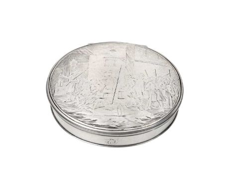 A George I Silver Snuff-Box,  Maker's Mark H?, Possibly Provincial, Circa 1720 oval and with a silvered plaque engraved with 