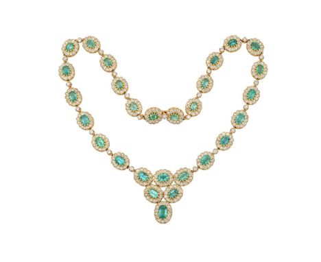 An Emerald and Diamond Necklace and Braceletthe central v-shaped section comprised of six oval cut emeralds each within borde