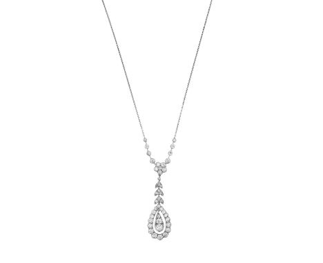 An Early 20th Century Diamond Necklace the central floral cluster suspends three leaf motifs, to an open pear shaped frame su