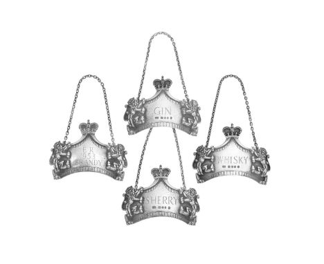 A Set of Four Elizabeth II Silver Wine or Decanter-Labels,  by Leslie Gordon Durbin, London, 1953 to commemorate the coronati