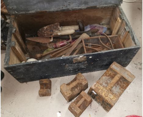 A tool box and contents, 4 weights etc 