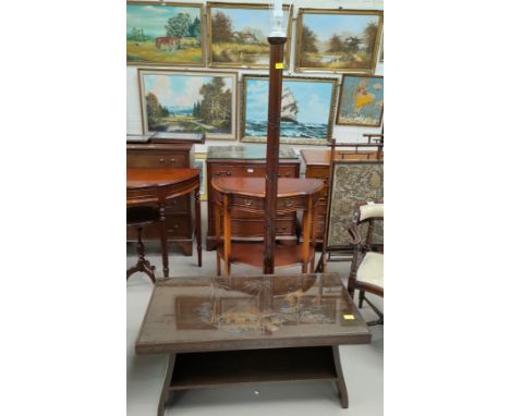 A camphorwood coffee table and similar standard lamp