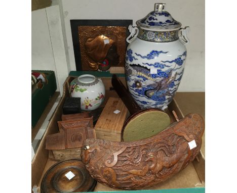 A selection of oriental carved wooden items, ceramic ginger jar etc 