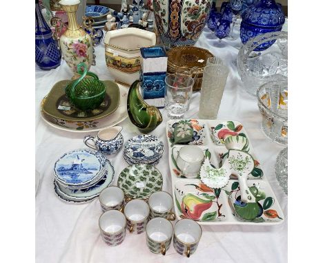 A selection of decorative pottery and glassware including 1930's jardiniere, hors d'oeuvres tray, Delftware dishes, vases etc