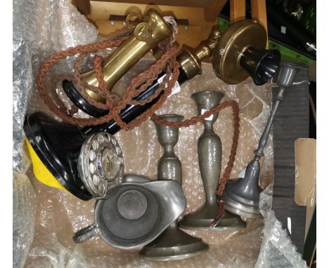 An early 20th century stick telephone; a pair of Arts &amp; Crafts pewter candlesticks; etc. 
