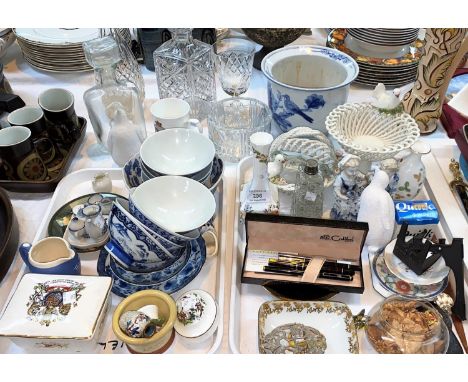 A collection of modern oriental blue &amp; white rice bowls, a Waterford Crystal bottle stand, decanters; plates; etc.; decor