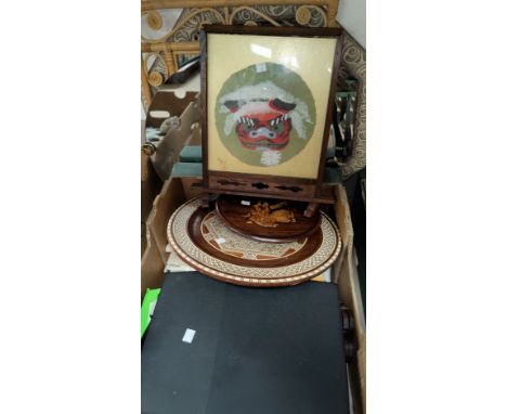 Three wall mirror; a table screen with grotesque Japanese mask; a Silver Reed portable typewriter; table linen; etc. 