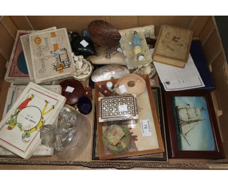 A selection of collectors items: boxed party games; 2 reproduction scrimshaw type tusks (1 a.f.); a late Roman terracotta lam