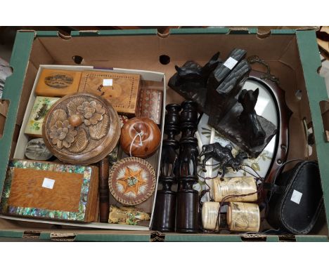 A collection of wooden boxes; a pair of African carved candlesticks; 2 Japanese ivory effect inros; treen; etc. 