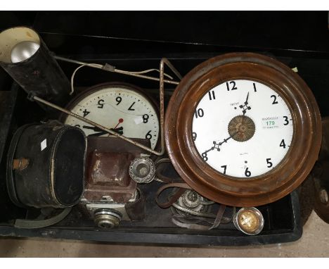 A postman's alarm clock with pendulum and weights; a Smiths electric wall clock etc 