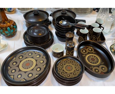 A 1970's part dinner and tea service, Denby "Arabesque" circular tureen and lidcircular tureen and lid and handle6 each x din