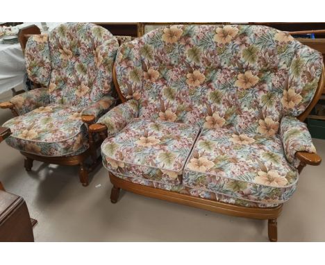 A modern 2 seater settee, Ercol style with stick back, 2 similar armchairs with floral upholstery 