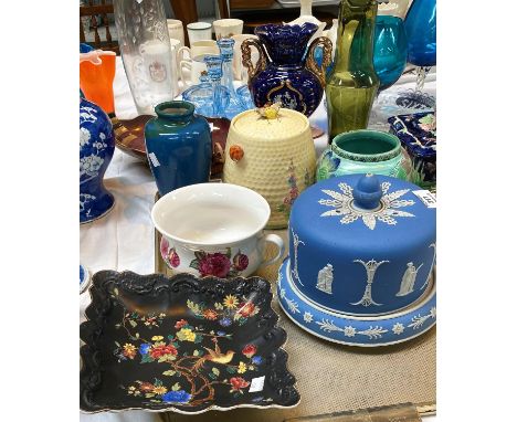 A light blue Jasperware Stilton dish; a Carlton Rouge Royale dish; a 1930's beehive biscuit barrel etc 