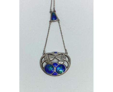 An Art &amp; Crafts silver and enamel pendant necklace on chain, the stylised drop pendant with blue / green enamel decoratio