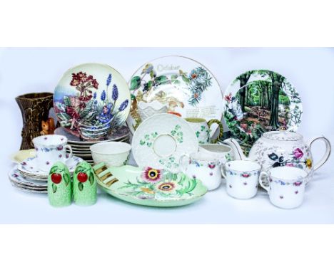 A SELECTION OF CHINA AND PORCELAIN to include Belleek Shamrock vase, jugs, teacup and saucer, Carltonware plate, Sadler teapo